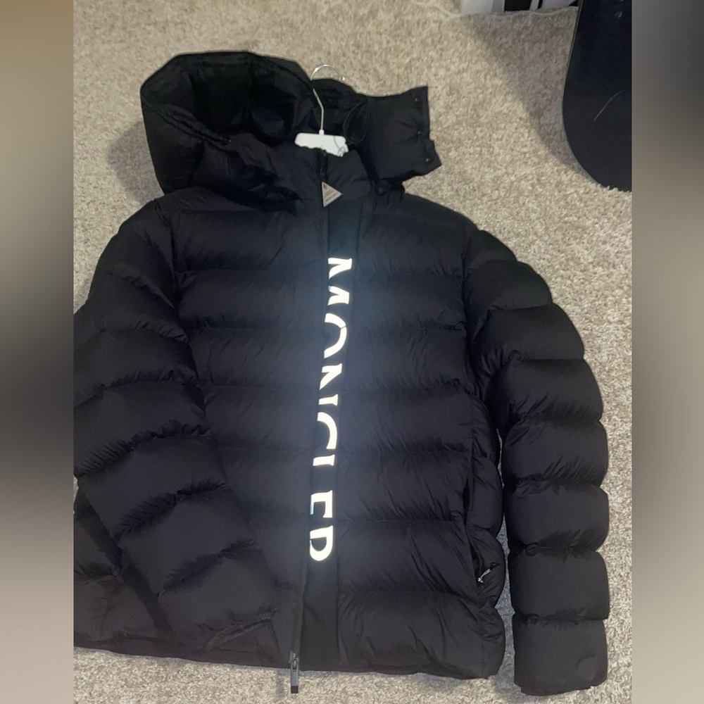 Black reflective moncler coat